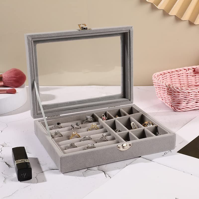 Velvet Jewelry Storage Box with Glass Lid | Ring & Earrings Organizer for Women
