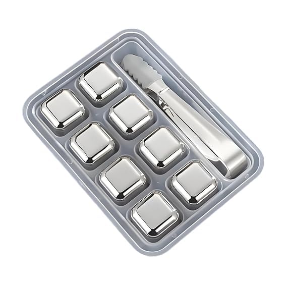 Stainless Steel 6PC Ice Cube Set with Tong | Reusable Whiskey Cooling Cubes for Drinks