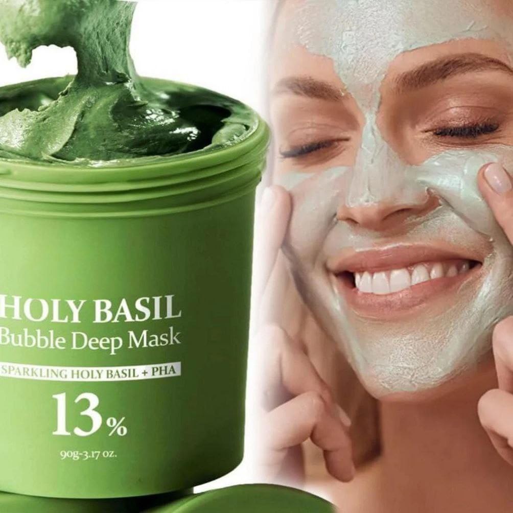 Holy Basil Bubble Deep Mask 90g Korean Clay Wash Off Pack for Pore Cleansing & Blackhead Removal