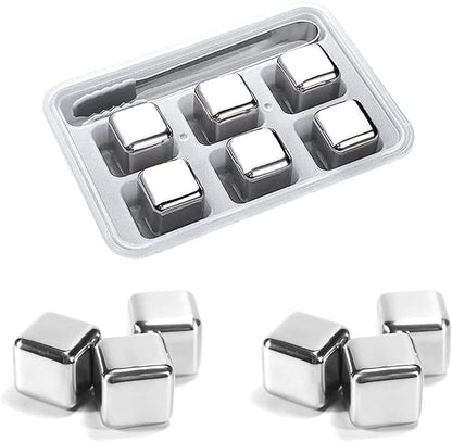 Stainless Steel 6PC Ice Cube Set with Tong | Reusable Whiskey Cooling Cubes for Drinks