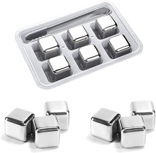 Stainless Steel 6PC Ice Cube Set with Tong | Reusable Whiskey Cooling Cubes for Drinks