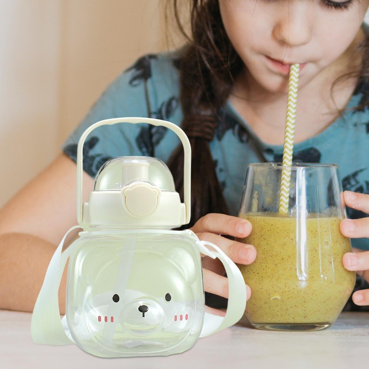 Cute Teddy Bear Kids Water Bottle with Straw & Adjustable Shoulder Strap