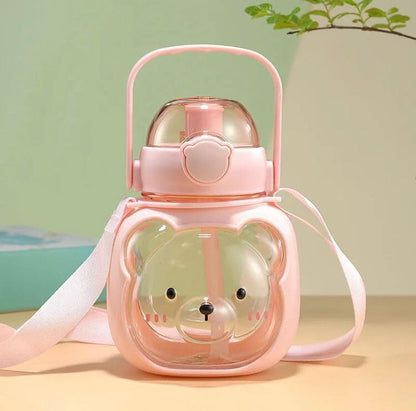 Cute Teddy Bear Kids Water Bottle with Straw & Adjustable Shoulder Strap