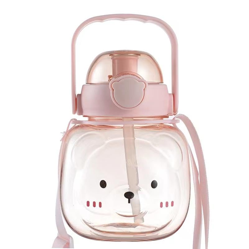 Cute Teddy Bear Kids Water Bottle with Straw & Adjustable Shoulder Strap