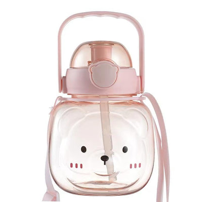 Cute Teddy Bear Kids Water Bottle with Straw & Adjustable Shoulder Strap