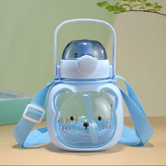 Cute Teddy Bear Kids Water Bottle with Straw & Adjustable Shoulder Strap