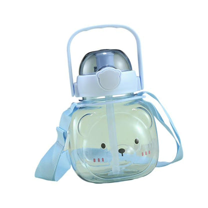 Cute Teddy Bear Kids Water Bottle with Straw & Adjustable Shoulder Strap