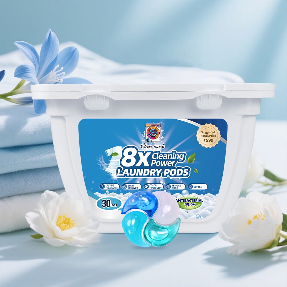 Clear Wash 8X Laundry Pods 30 Pcs – Powerful Detergent Capsules