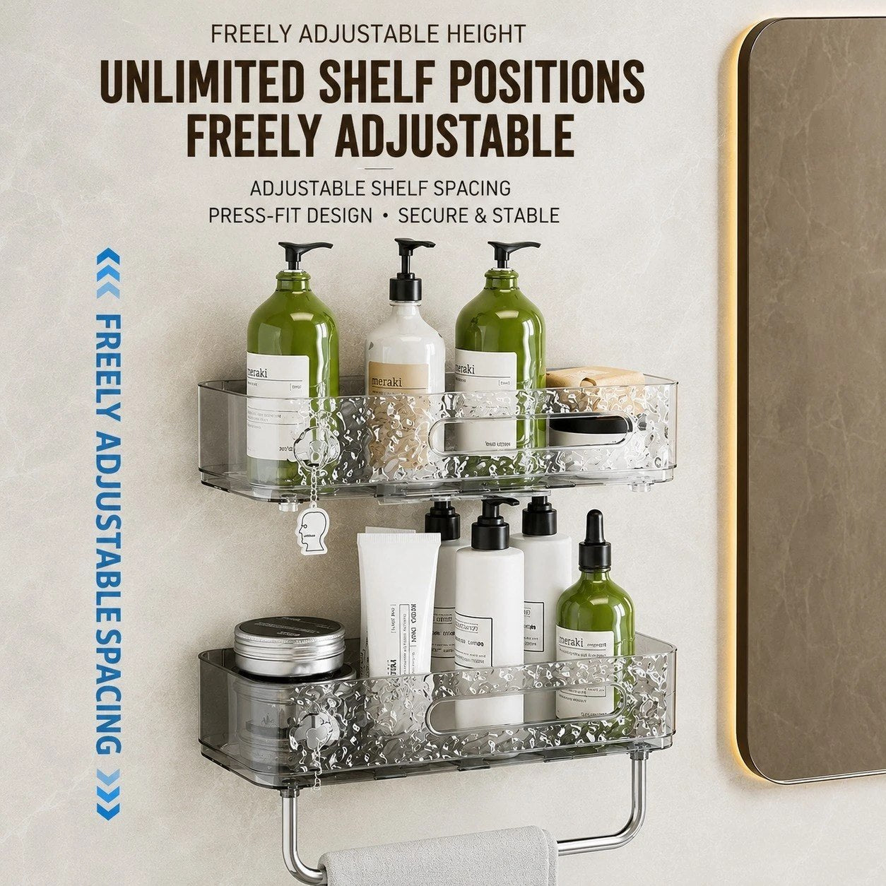 Transparent Self Adhesive Bathroom Shelf with Towel Holder