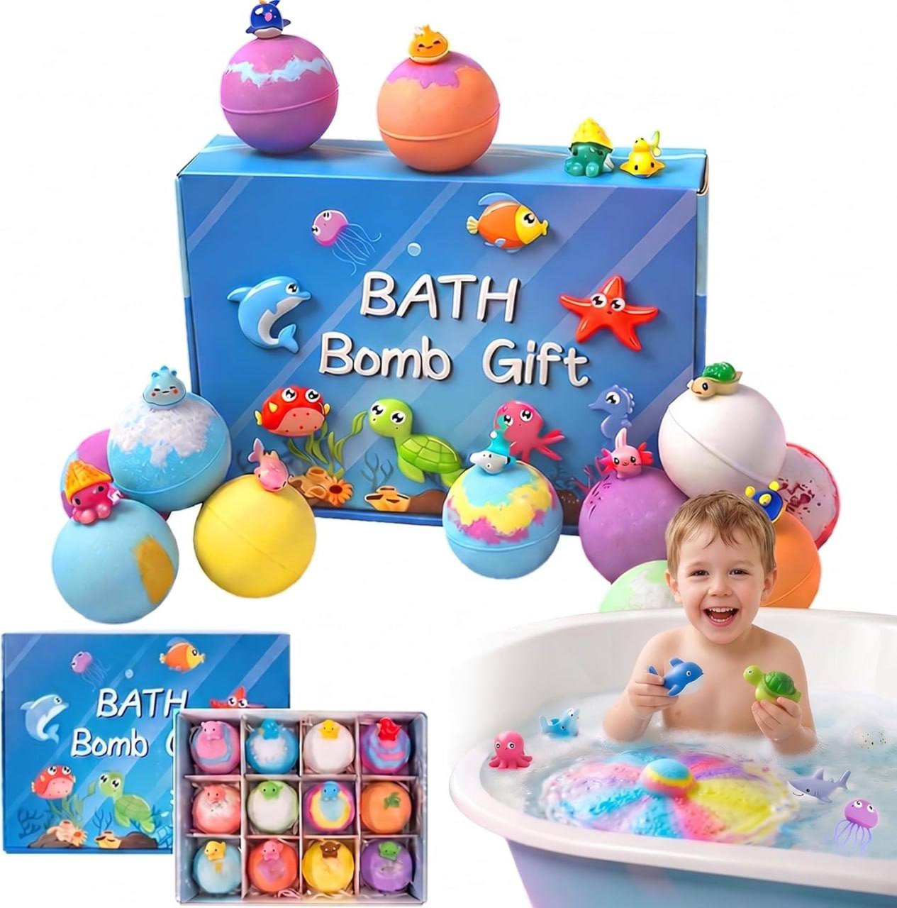 12 Pack Kids Bath Bombs with Surprise Toys | Organic Colorful Bath Bomb Gift Set for Kids