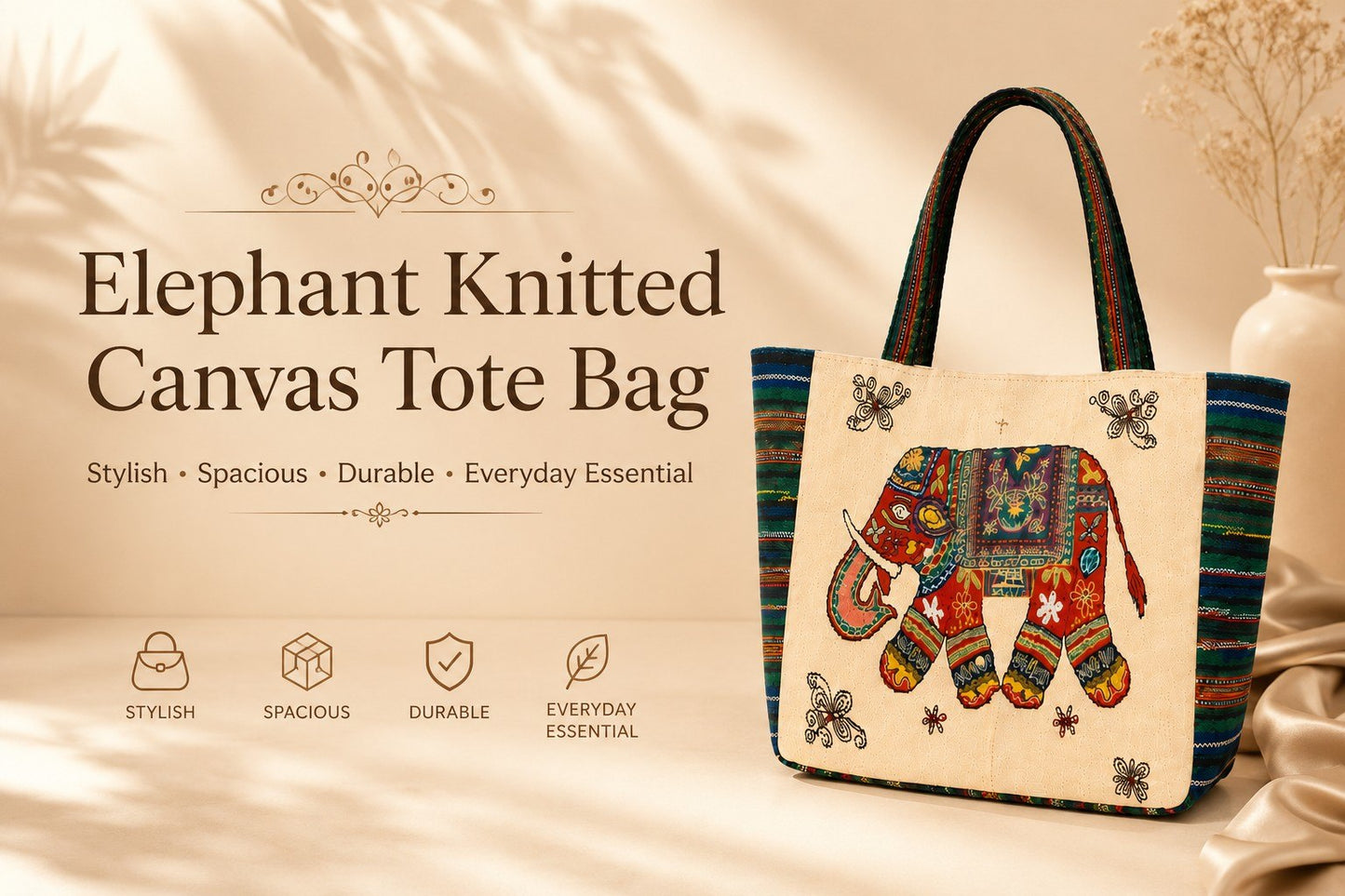 Elephant Bag | Ethnic Canvas Tote Bag for Women | Stylish Shoulder Handbag