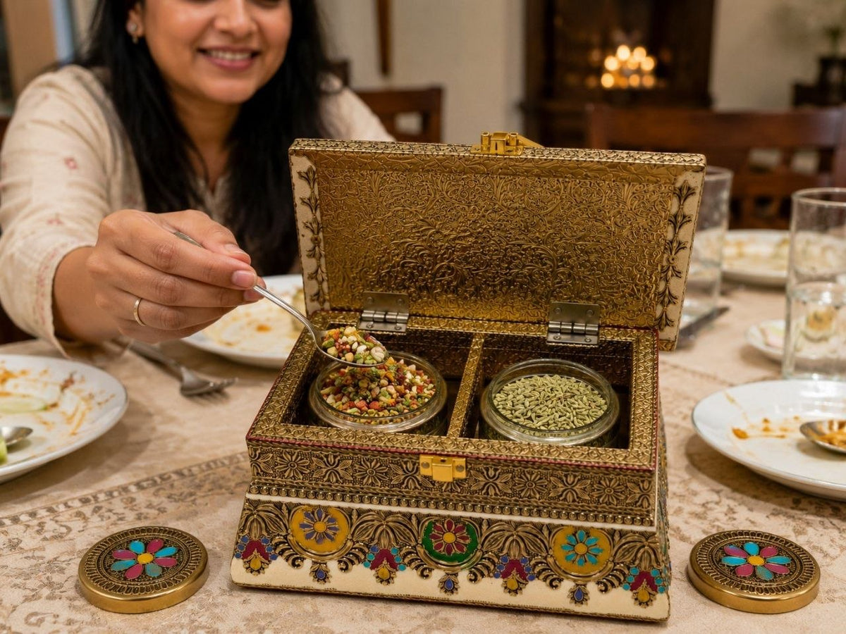 Handcrafted Floral Mukhwas Box with 2 Jars – Decorative Mouth Freshener Container