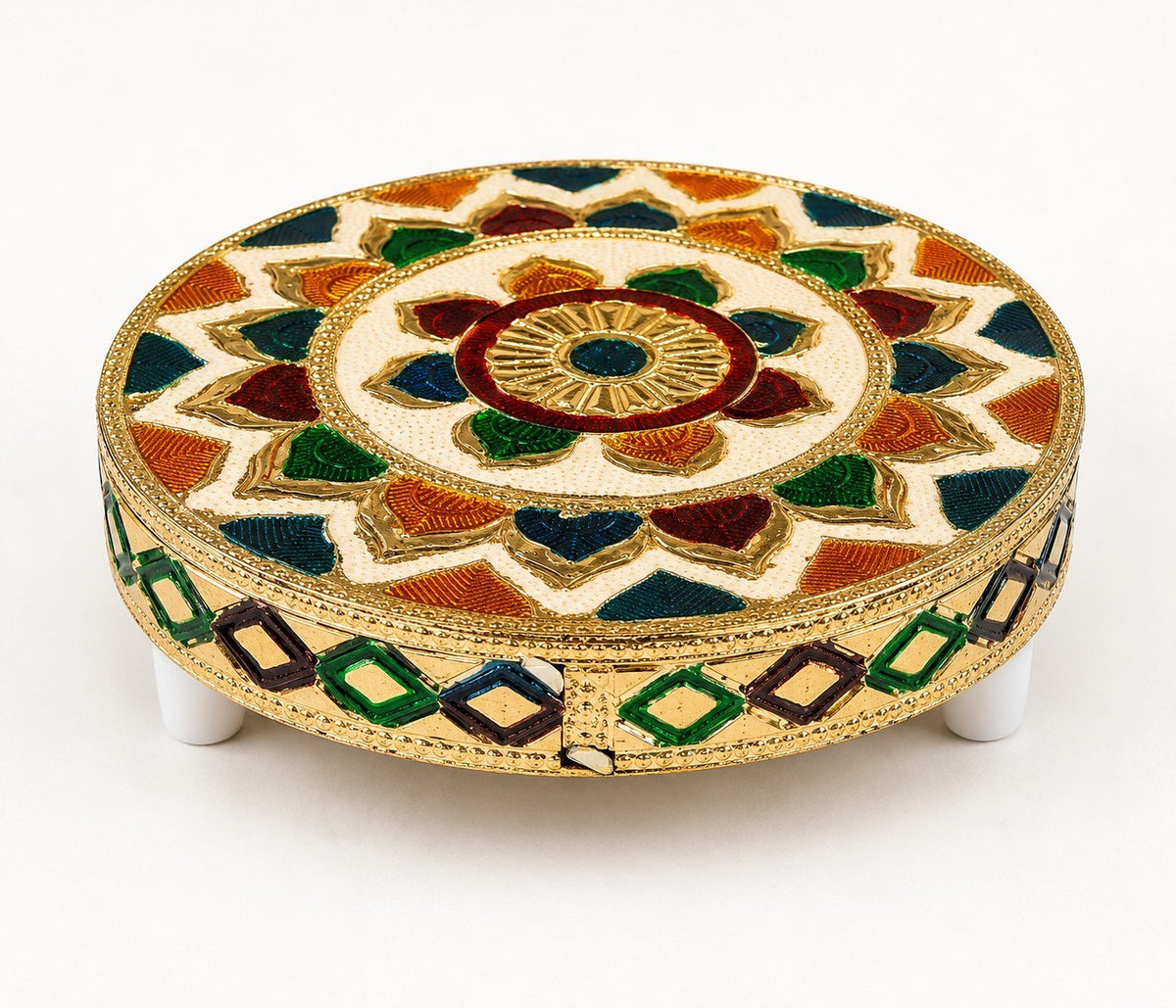 Decorative Pooja Chowki with Rajasthani Meenakari Design | Round Wooden Chowki for Home & Festive Decor