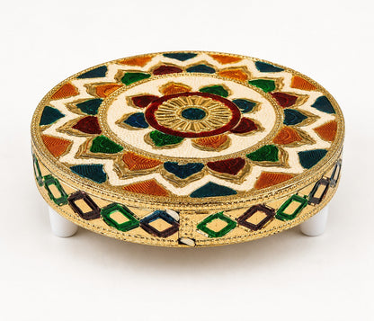 Decorative Pooja Chowki with Rajasthani Meenakari Design | Round Wooden Chowki for Home & Festive Decor